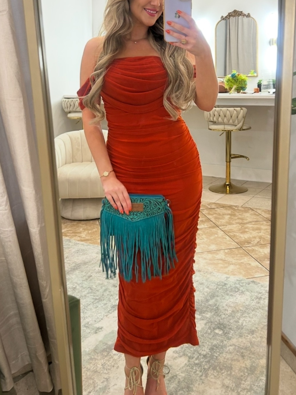 Rust Orange Off-Shoulder Ruched Maxi Dress